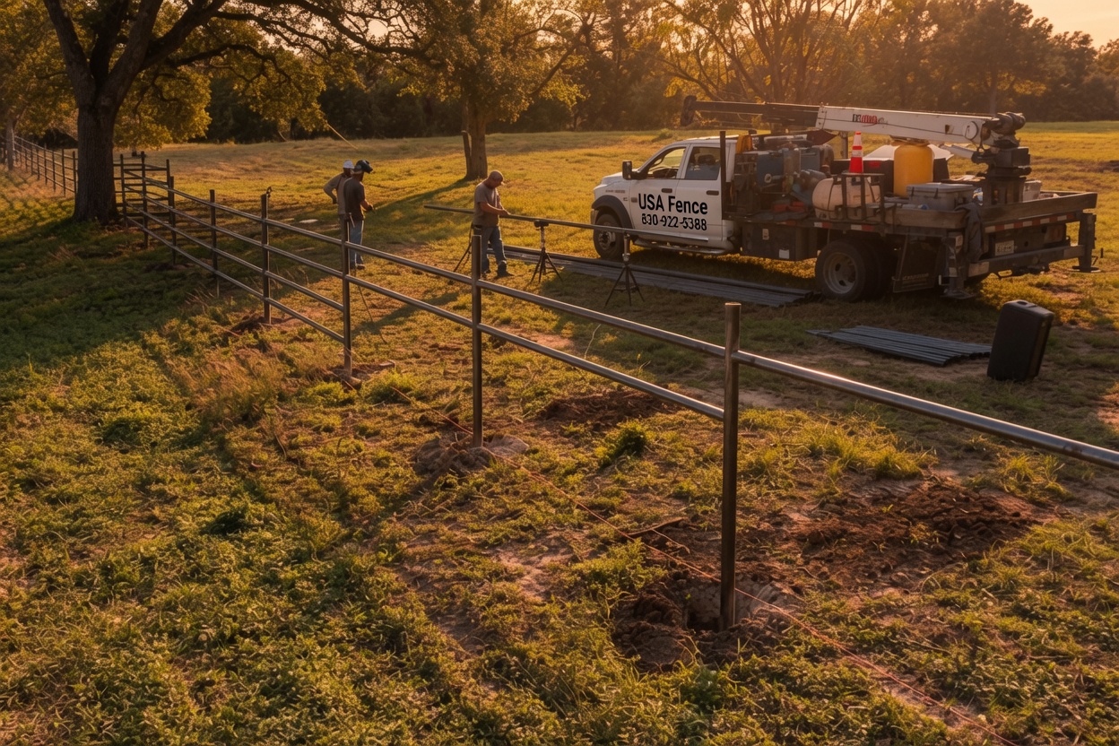 USA Fence professional crew and work truck building a custom pipe and cable ranch fence in the Texas Hill Country at golden hour